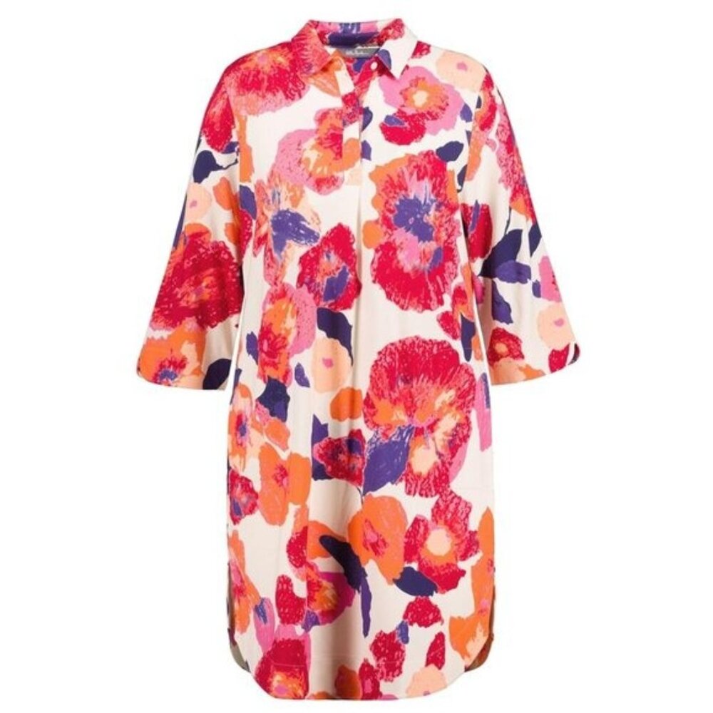 Ulla Popken shirt blouse dress, flowers, pleats, shirt collar, 3/4 sleeve ladies